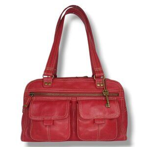 Vintage Fossil Raspberry Leather Sholder Bag Purse Double Strap Bass Key